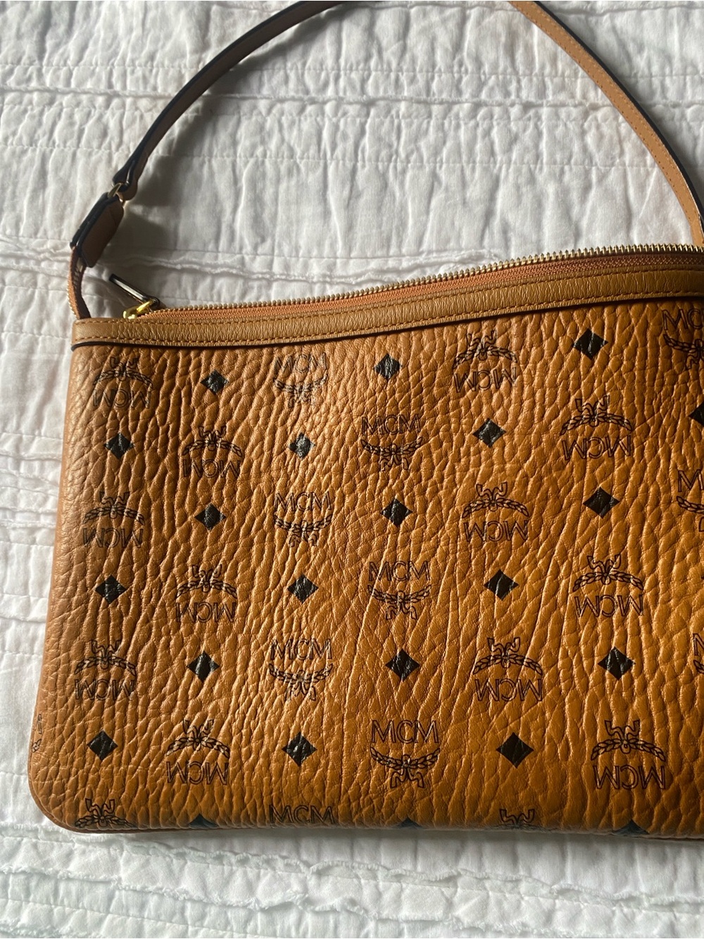 MCM Cognac Visetos Logo Shoulder Pouch
